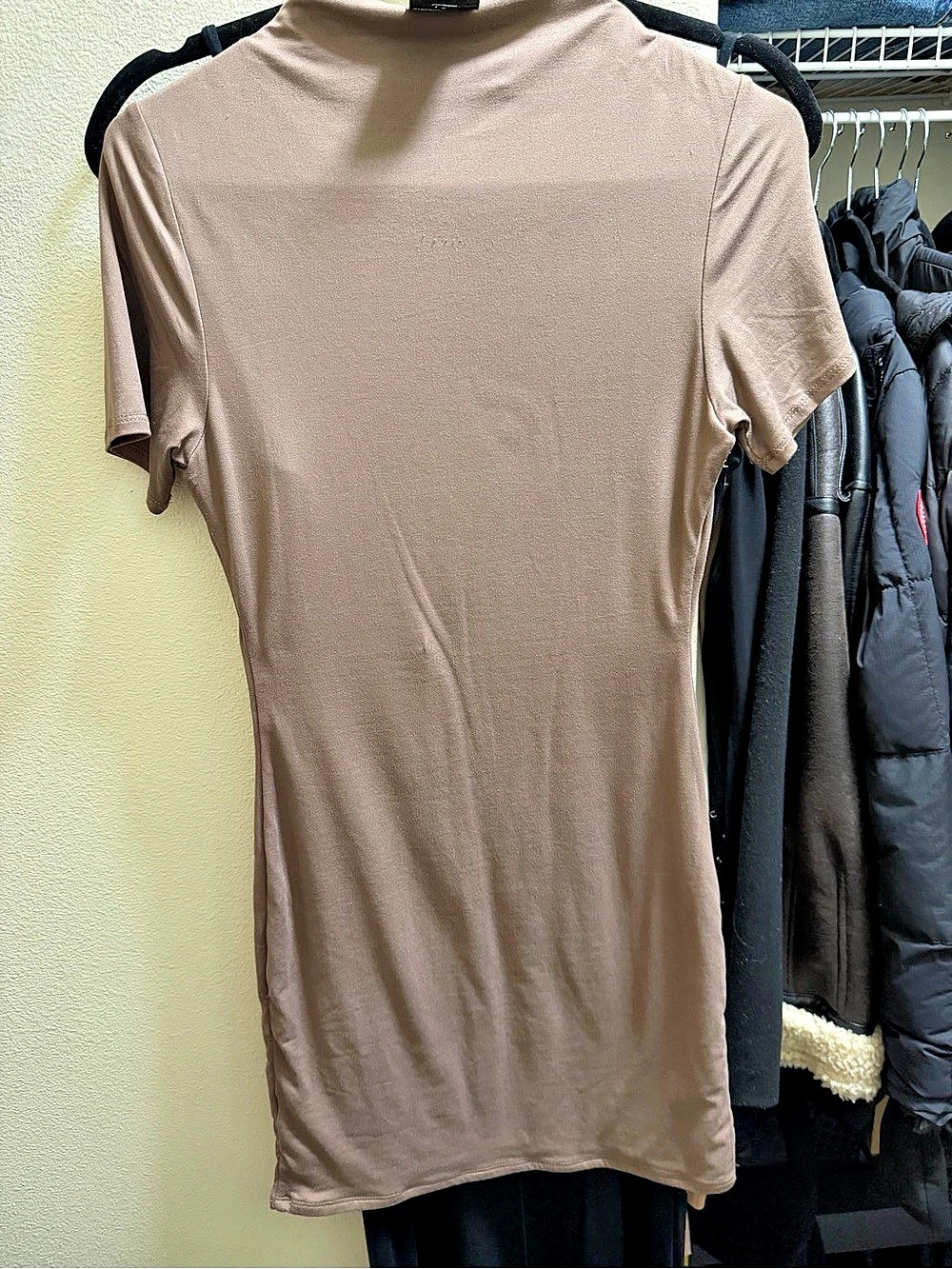 naked wardrobe Naked Mock Neck Mini Dress Short Sleeve Brown